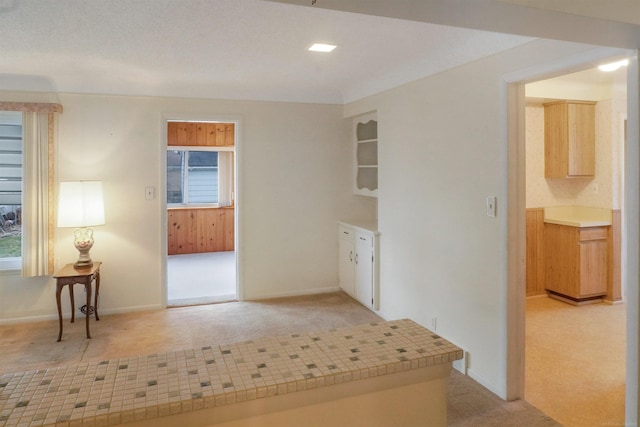 kitchen with baseboards and light carpet