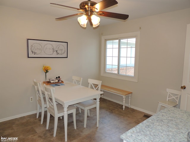 dining room featuring ceiling fan and baseboards