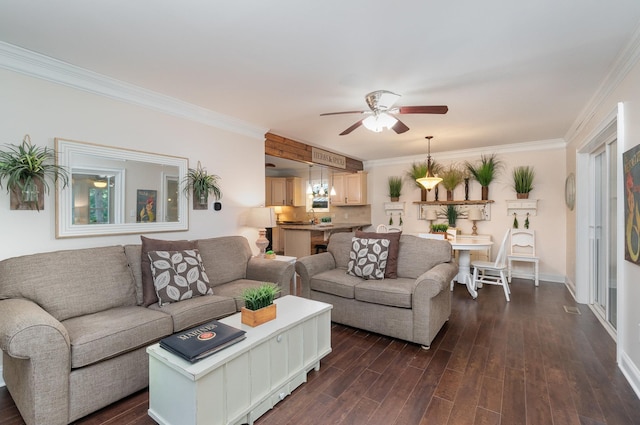 living area featuring a ceiling fan, dark wood finished floors, and crown molding