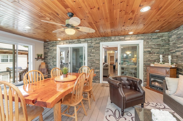 dining space featuring recessed lighting, wood ceiling, light wood-style flooring, and ceiling fan