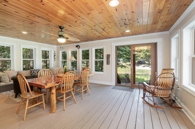 sunroom / solarium with plenty of natural light, wood ceiling, and ceiling fan