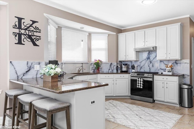 kitchen with under cabinet range hood, stainless steel electric stove, decorative backsplash, a peninsula, and a kitchen breakfast bar