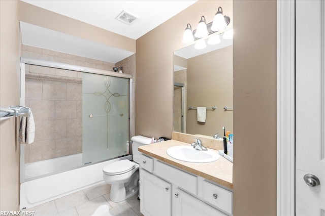 bathroom with vanity, visible vents, enclosed tub / shower combo, tile patterned flooring, and toilet