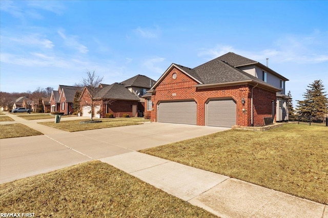 view of front of house featuring brick siding, a shingled roof, concrete driveway, a front yard, and a garage