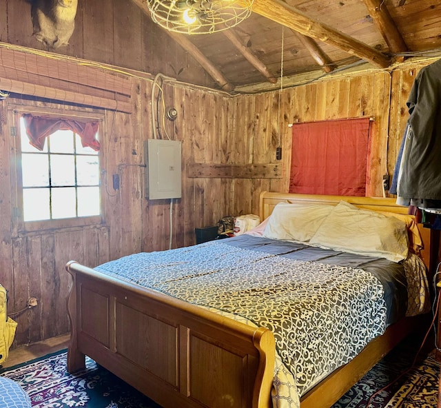 bedroom with electric panel, wood walls, wooden ceiling, and lofted ceiling with beams