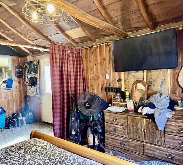 carpeted bedroom featuring wooden walls, wooden ceiling, and lofted ceiling with beams