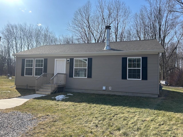 view of front of property with crawl space, a shingled roof, and a front lawn