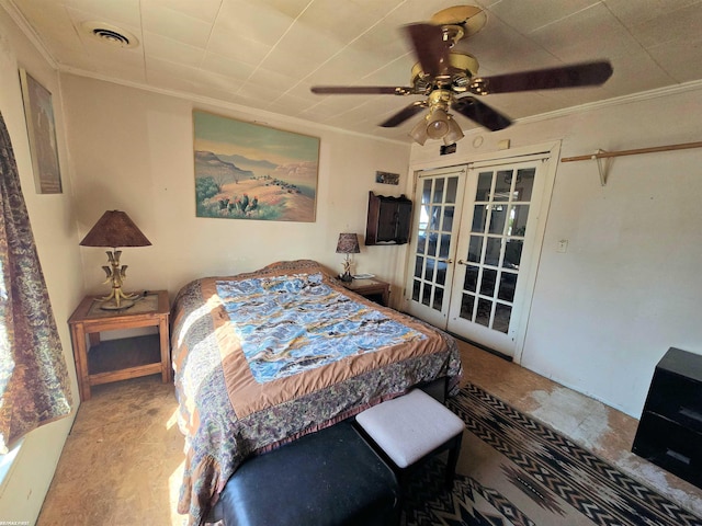 bedroom featuring ceiling fan, french doors, visible vents, and ornamental molding