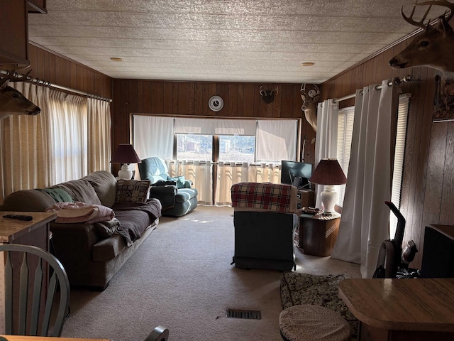 living room featuring carpet floors and wooden walls