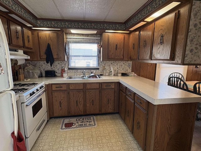 kitchen featuring white appliances, a peninsula, a sink, light countertops, and under cabinet range hood