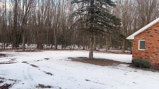 snowy yard with a garage