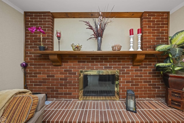 details with a fireplace and ornamental molding