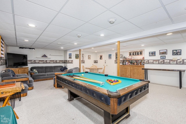 recreation room featuring recessed lighting, a bar, and carpet floors