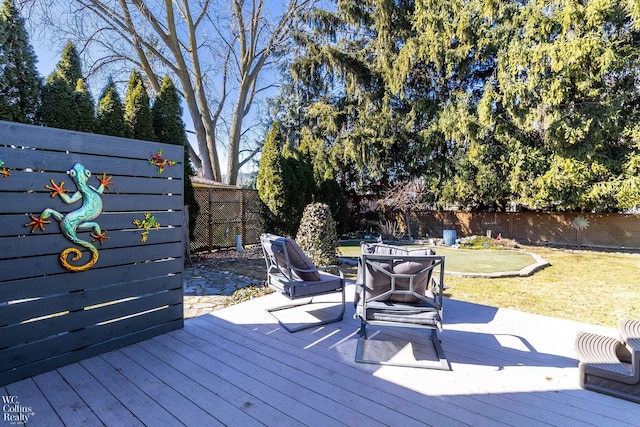 wooden deck featuring a lawn and a fenced backyard