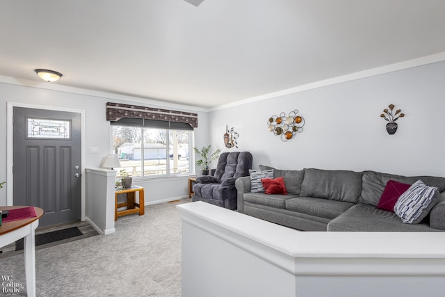 living area featuring baseboards, light carpet, and ornamental molding