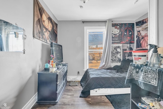 bedroom with baseboards, multiple windows, and wood finished floors