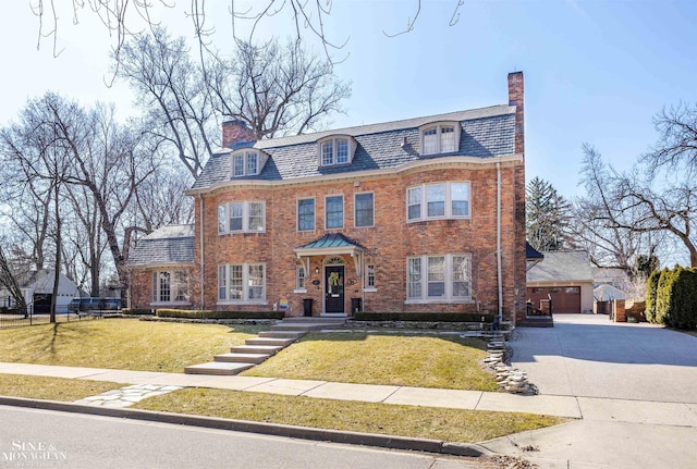 view of front of home with a high end roof, brick siding, and a chimney