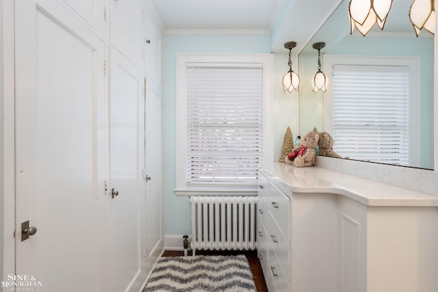 interior space with baseboards, radiator, and crown molding