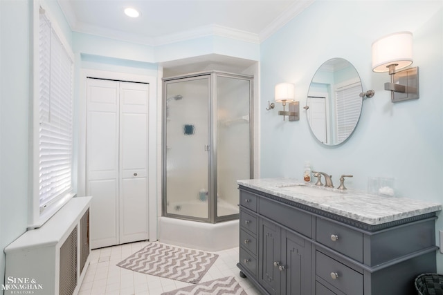 full bathroom featuring ornamental molding, recessed lighting, shower / bath combination with glass door, tile patterned floors, and vanity