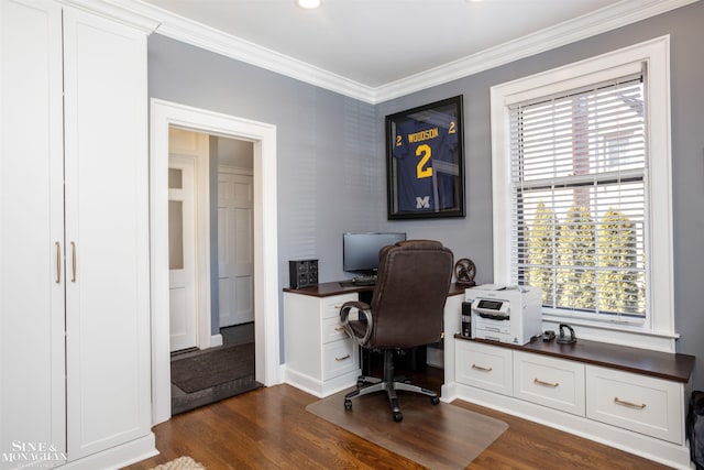 office with a wealth of natural light, baseboards, dark wood finished floors, and crown molding