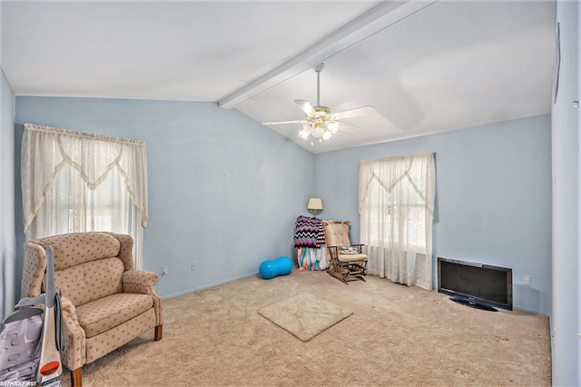 living area with lofted ceiling with beams, a ceiling fan, and carpet flooring