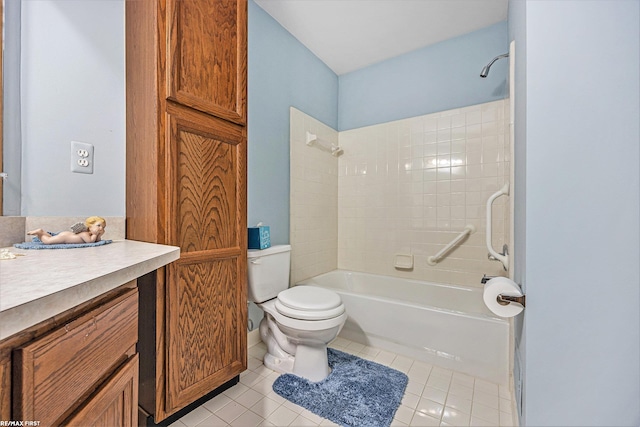 full bath featuring tile patterned floors, shower / bathtub combination, toilet, and vanity