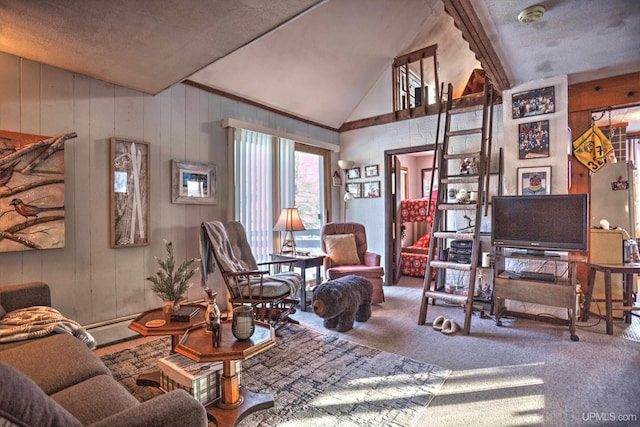 carpeted living area with lofted ceiling and a baseboard radiator