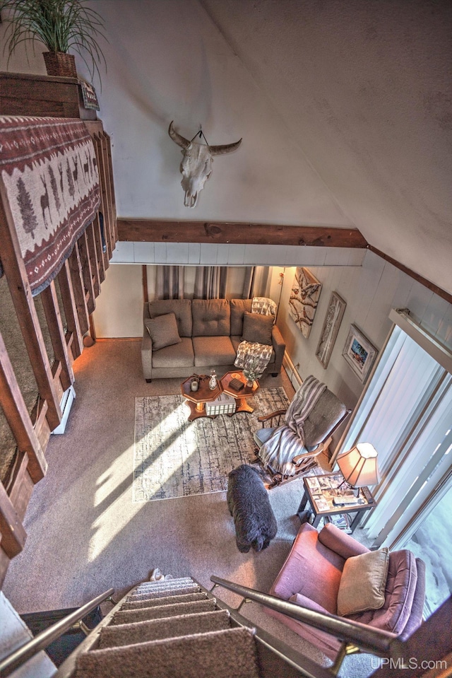 living area featuring lofted ceiling and carpet