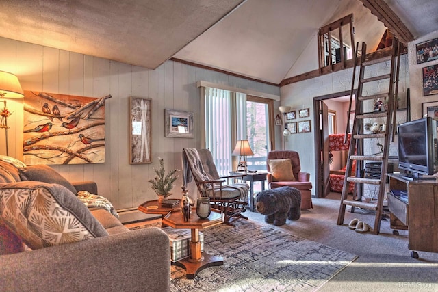 carpeted living room featuring lofted ceiling