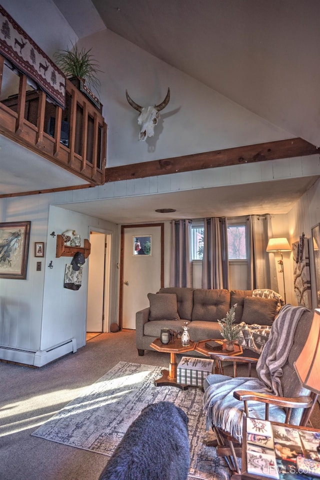 carpeted living area with high vaulted ceiling