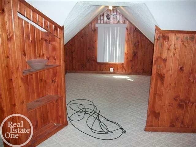 additional living space featuring vaulted ceiling, wooden walls, and carpet floors