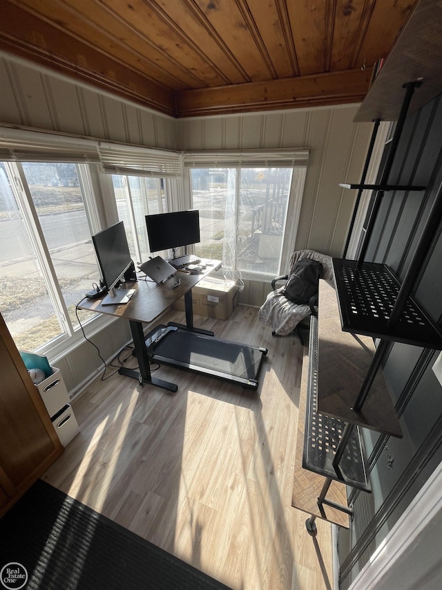 interior space featuring wood finished floors and wood ceiling