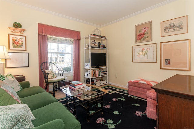 living area with crown molding and baseboards