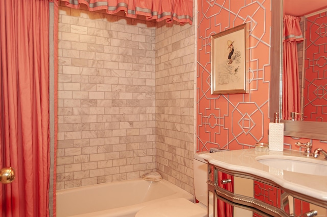 bathroom featuring shower / tub combo with curtain and vanity