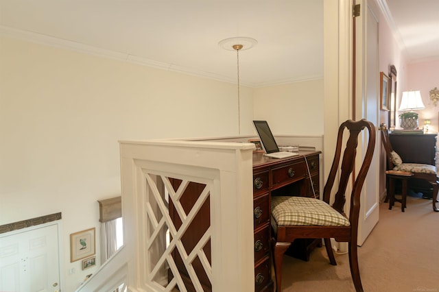 office space with light carpet and crown molding