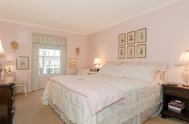 carpeted bedroom featuring baseboards and ornamental molding