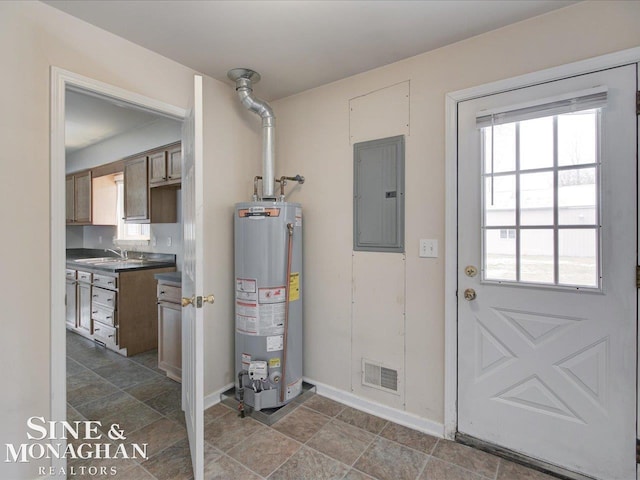 utility room with electric panel, visible vents, water heater, and a sink