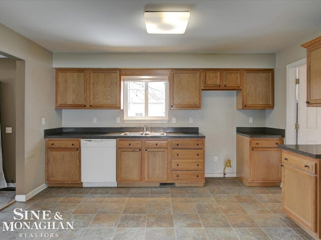 kitchen featuring visible vents, baseboards, white dishwasher, a sink, and dark countertops