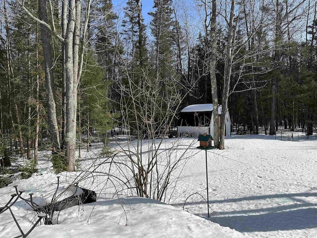 snowy yard featuring a forest view