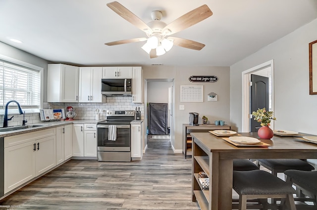 kitchen featuring light wood finished floors, backsplash, appliances with stainless steel finishes, and a sink