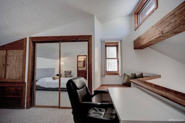 office area with light carpet, a textured ceiling, and lofted ceiling