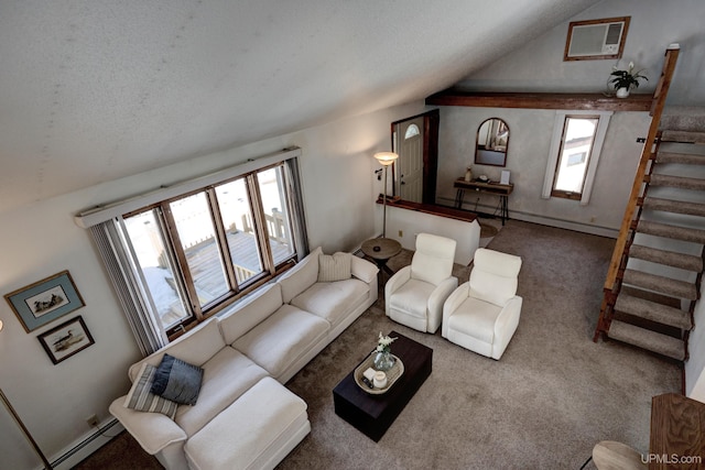 living room with visible vents, carpet, stairs, vaulted ceiling, and baseboard heating