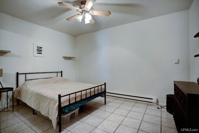 bedroom featuring light tile patterned floors, a ceiling fan, and a baseboard radiator