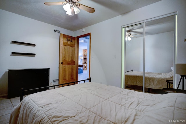 bedroom featuring a closet, visible vents, and ceiling fan