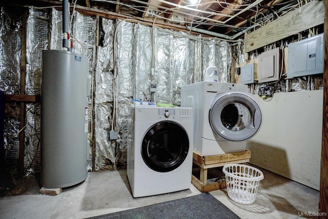 laundry room featuring laundry area, electric panel, water heater, and washing machine and clothes dryer