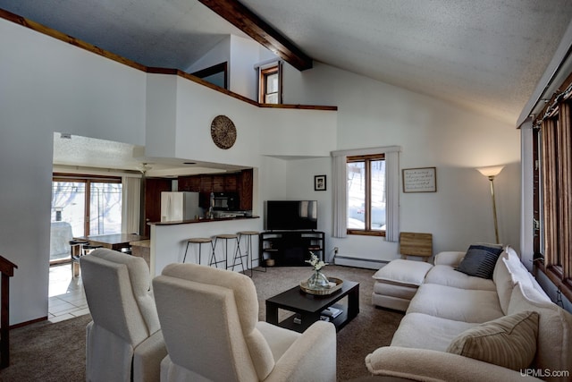 carpeted living room with beamed ceiling, high vaulted ceiling, baseboard heating, and a textured ceiling