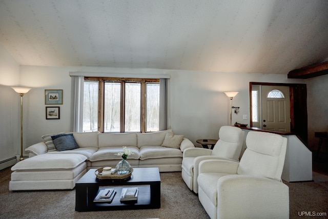 living room with lofted ceiling and a textured ceiling