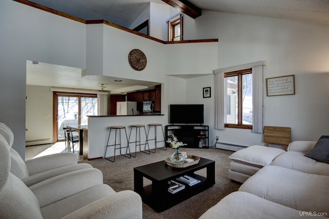 living room with a baseboard radiator, carpet floors, high vaulted ceiling, and beamed ceiling