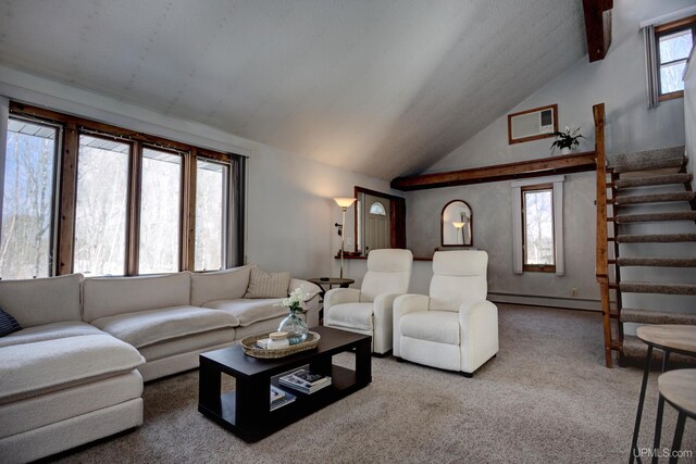 carpeted living room featuring stairway, high vaulted ceiling, and a baseboard radiator