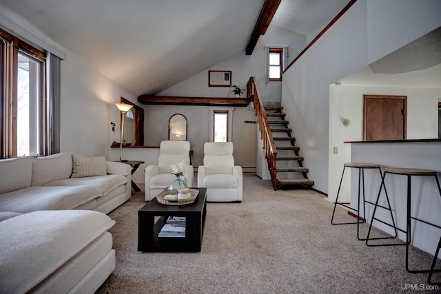 living room with stairs, beam ceiling, carpet flooring, and high vaulted ceiling